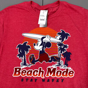 NWT Disney Tee Mens M Red Heather Beach Mode Surf Graphic Mickey Mouse